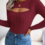 Women'S Sexy Hollow-Out Knit Pullover Sweater, Long Sleeve Crew Neck, Skinny Fit, Acrylic Blend (Polyester 28%, Polyamide 22%, Viscose 28%), High Stretch Fabric, Solid Color, Spring/Fall Fashion Top
