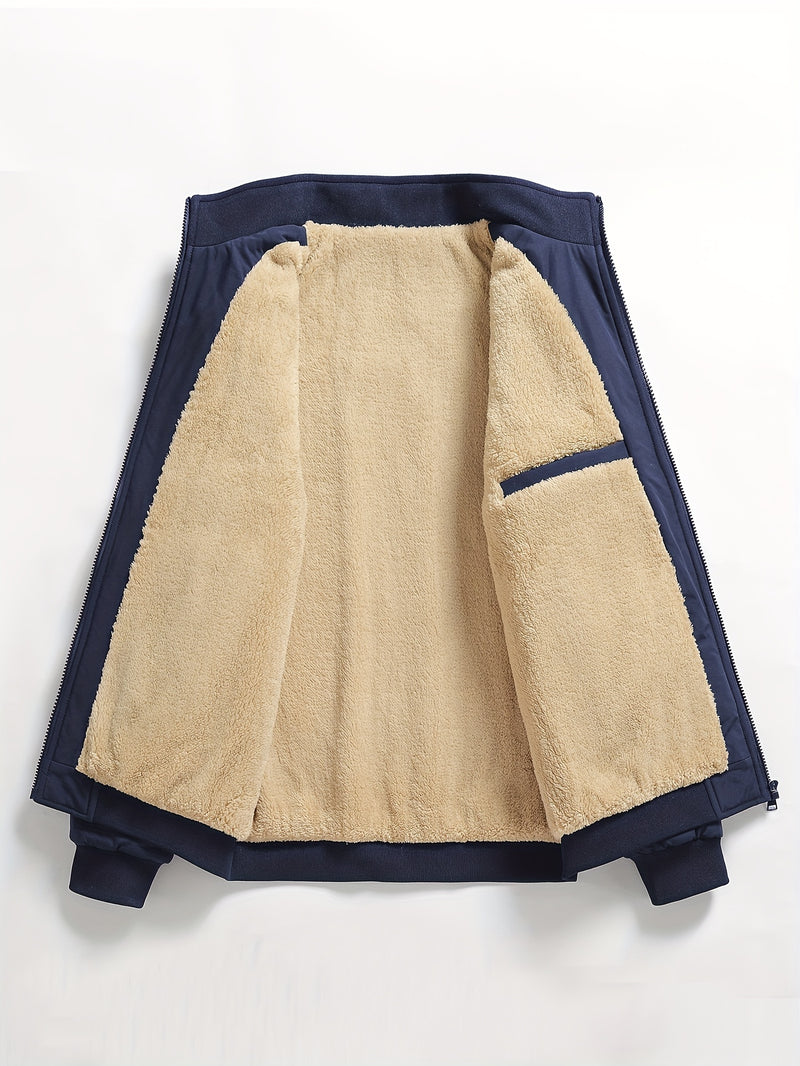 Warm Stand Collar Fleece Jacket, Men's Casual Comfortable Solid Color Zip Up Coat/ Outwear For Fall Winter