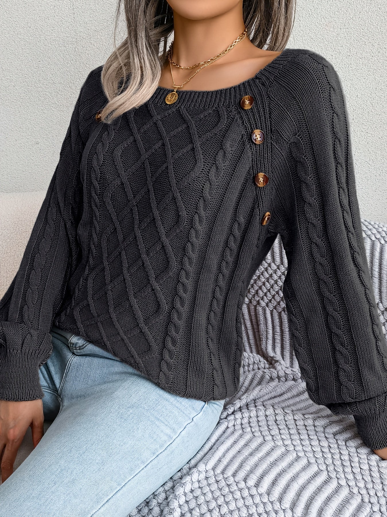 Women's Sweater Round Neck Texture Button Lantern Sleeve Sweater