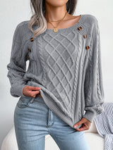 Women's Sweater Round Neck Texture Button Lantern Sleeve Sweater