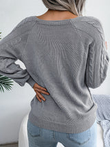 Women's Sweater Round Neck Texture Button Lantern Sleeve Sweater