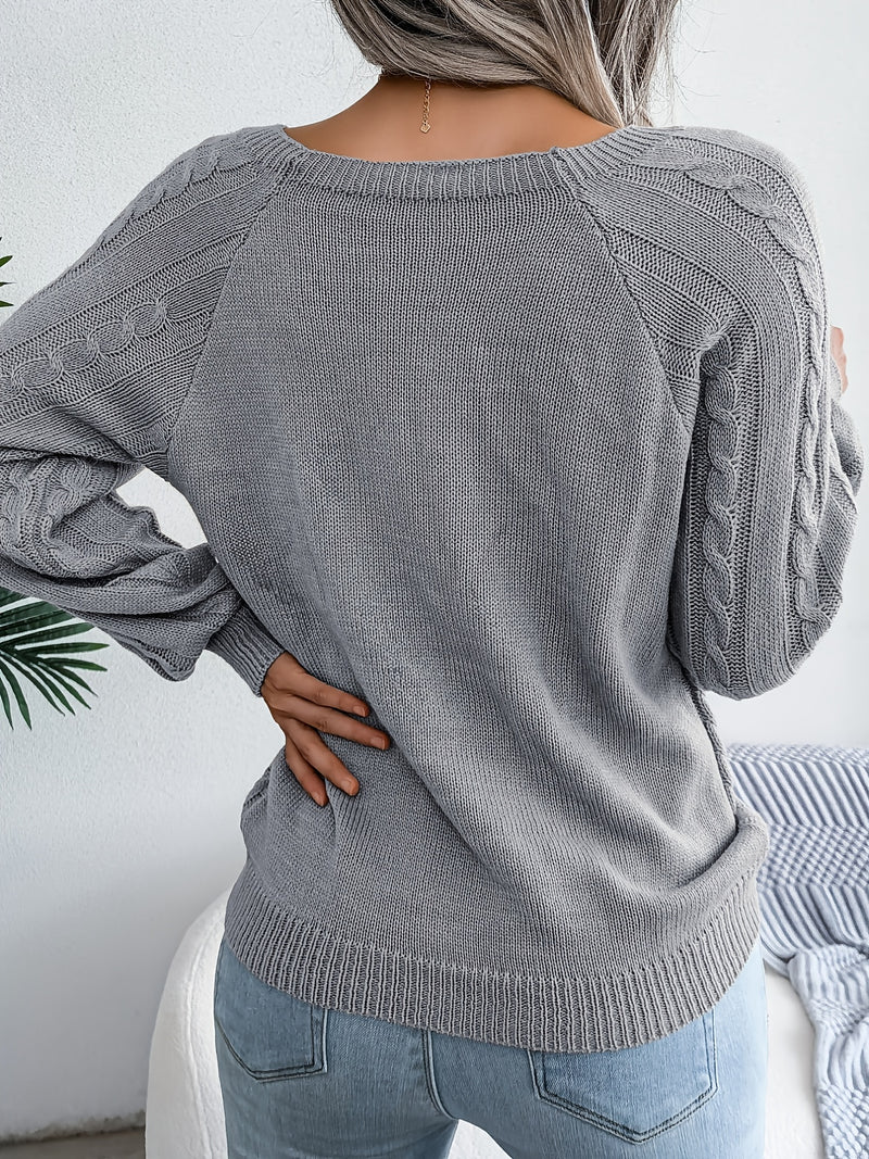 Women's Sweater Round Neck Texture Button Lantern Sleeve Sweater