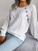 Women's Sweater Round Neck Texture Button Lantern Sleeve Sweater