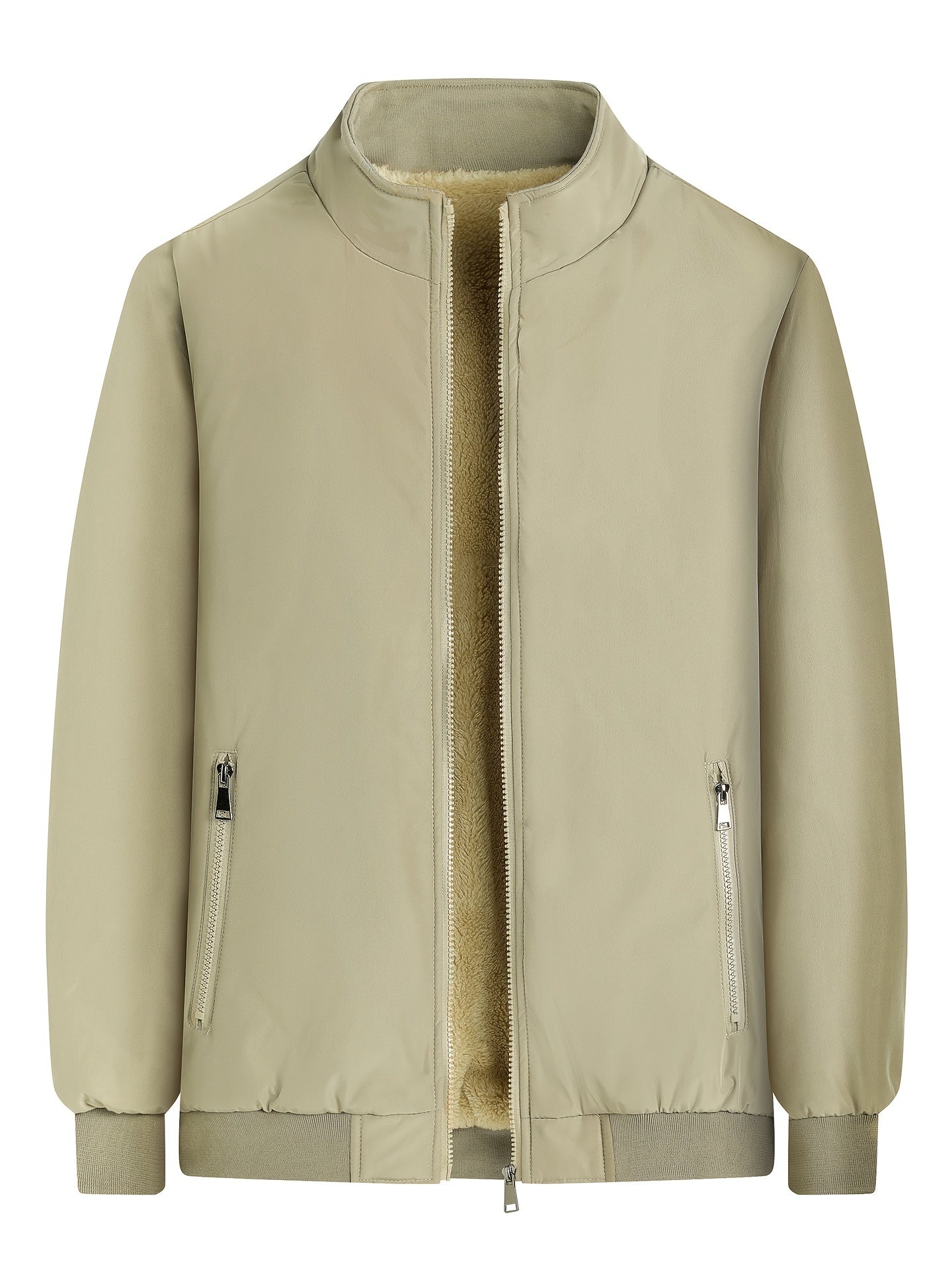 Warm Stand Collar Fleece Jacket, Men's Casual Comfortable Solid Color Zip Up Coat/ Outwear For Fall Winter