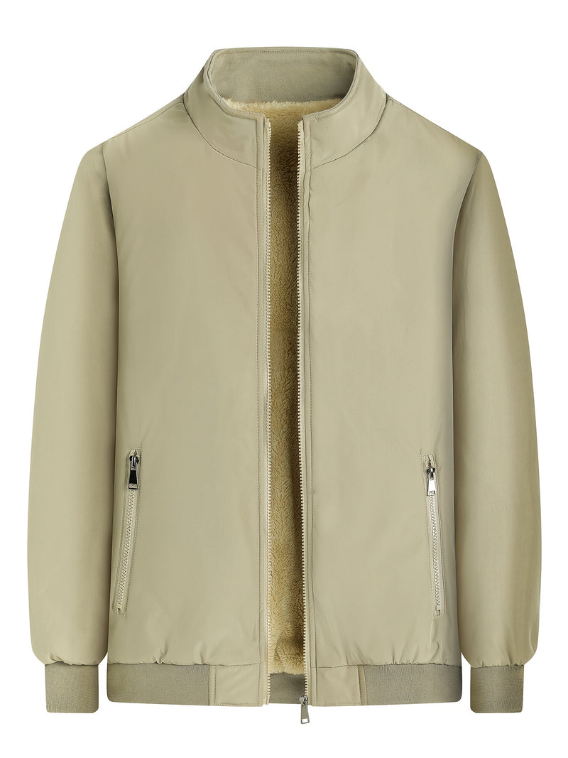 Warm Stand Collar Fleece Jacket, Men's Casual Comfortable Solid Color Zip Up Coat/ Outwear For Fall Winter