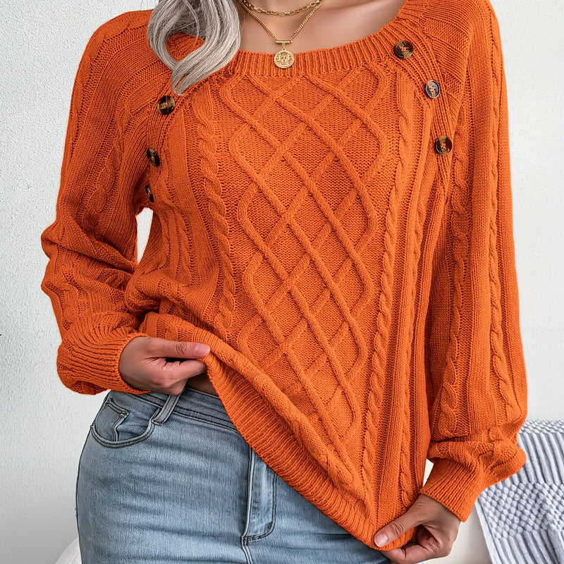 Women's Sweater Round Neck Texture Button Lantern Sleeve Sweater