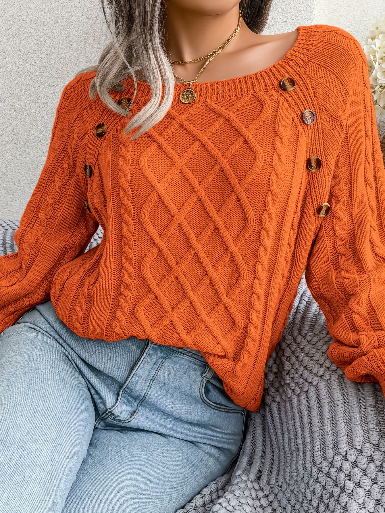 Women's Sweater Round Neck Texture Button Lantern Sleeve Sweater