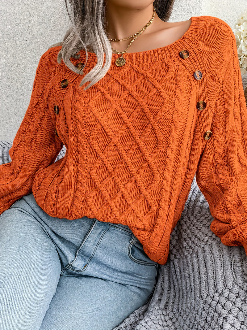 Women's Sweater Round Neck Texture Button Lantern Sleeve Sweater