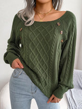 Women's Sweater Round Neck Texture Button Lantern Sleeve Sweater
