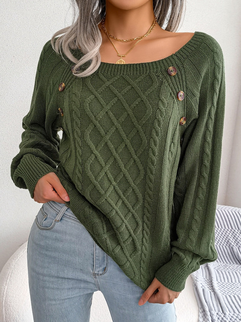 Women's Sweater Round Neck Texture Button Lantern Sleeve Sweater