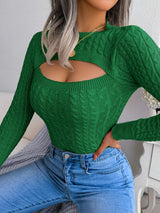 Women'S Sexy Hollow-Out Knit Pullover Sweater, Long Sleeve Crew Neck, Skinny Fit, Acrylic Blend (Polyester 28%, Polyamide 22%, Viscose 28%), High Stretch Fabric, Solid Color, Spring/Fall Fashion Top