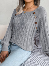Women's Sweater Round Neck Texture Button Lantern Sleeve Sweater