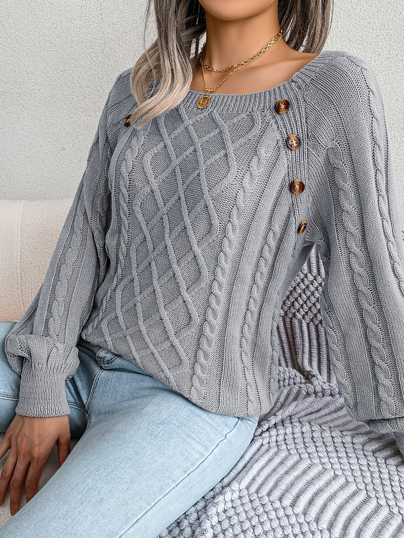 Women's Sweater Round Neck Texture Button Lantern Sleeve Sweater