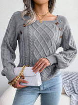 Women's Sweater Round Neck Texture Button Lantern Sleeve Sweater