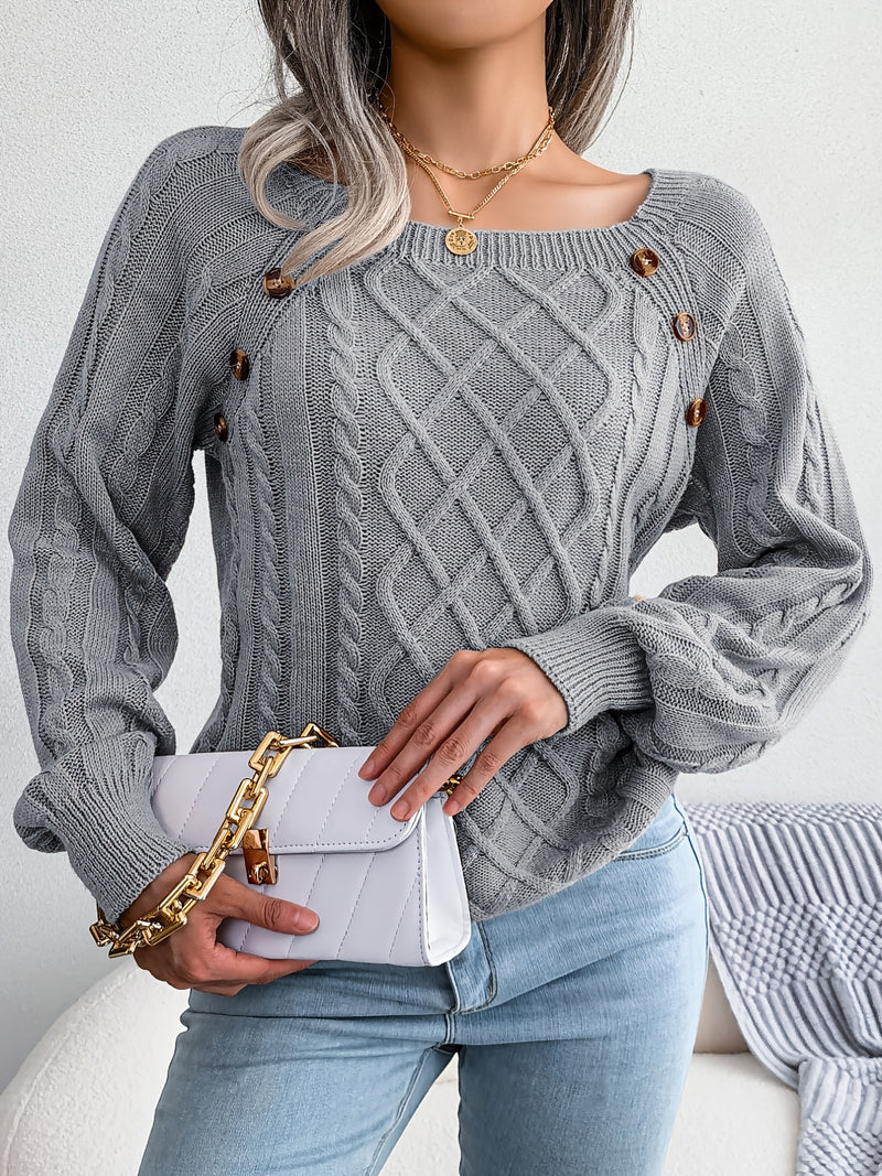 Women's Sweater Round Neck Texture Button Lantern Sleeve Sweater