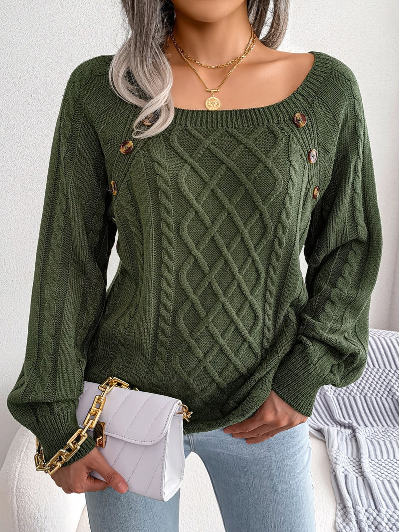 Women's Sweater Round Neck Texture Button Lantern Sleeve Sweater