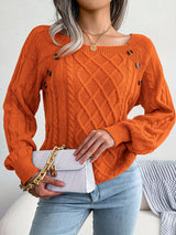 Women's Sweater Round Neck Texture Button Lantern Sleeve Sweater