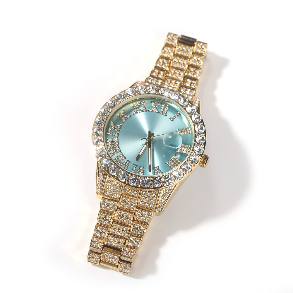 THE BLING KING Big Iced Out Watches For Women Men Purple Pink Dial Fashion Luxury Stainless Steel Quartz Business Wristwatches