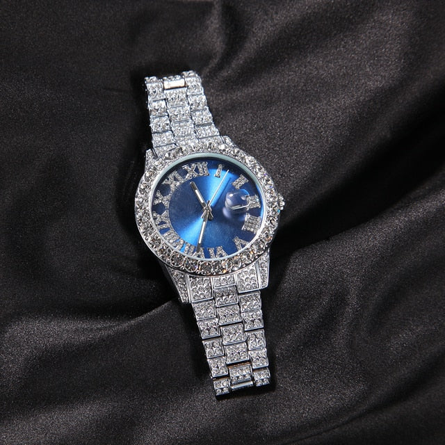 THE BLING KING Big Iced Out Watches For Women Men Purple Pink Dial Fashion Luxury Stainless Steel Quartz Business Wristwatches