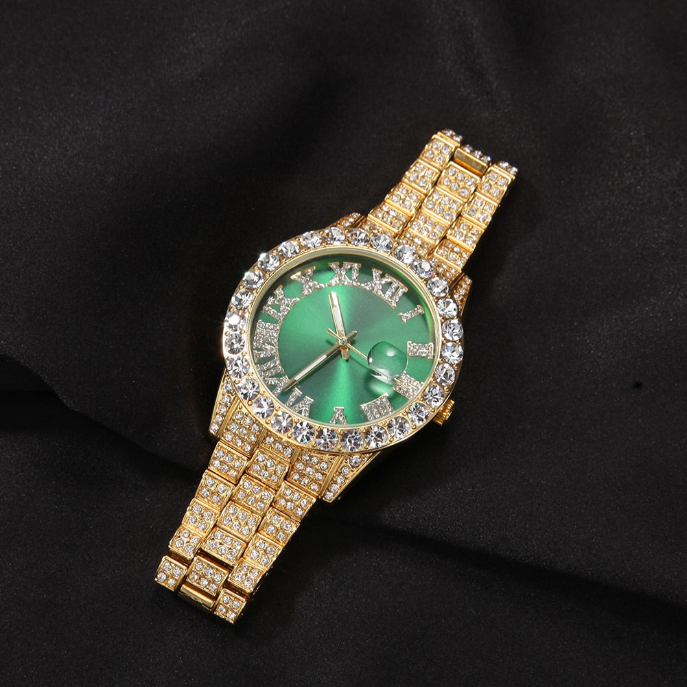 THE BLING KING Big Iced Out Watches For Women Men Purple Pink Dial Fashion Luxury Stainless Steel Quartz Business Wristwatches
