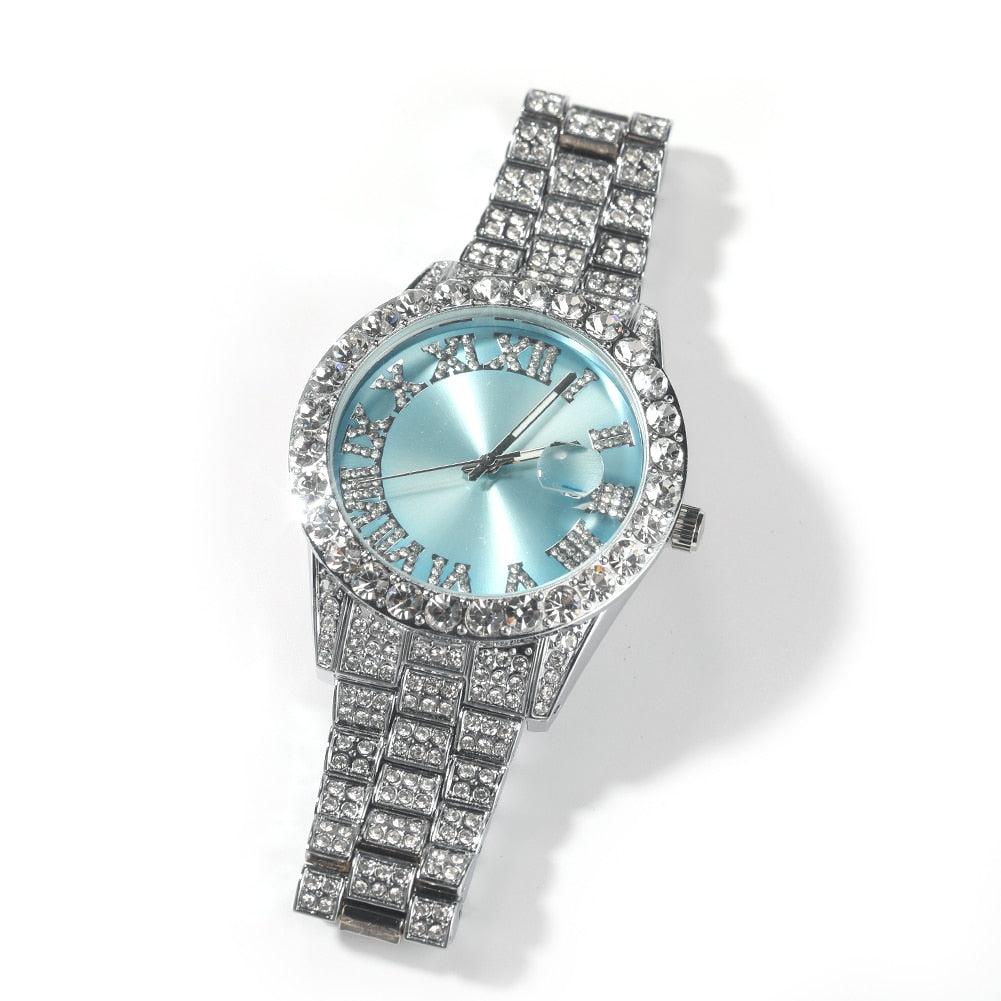 THE BLING KING Big Iced Out Watches For Women Men Purple Pink Dial Fashion Luxury Stainless Steel Quartz Business Wristwatches