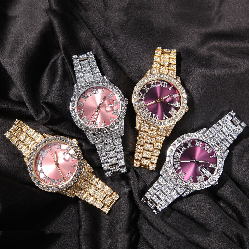 THE BLING KING Big Iced Out Watches For Women Men Purple Pink Dial Fashion Luxury Stainless Steel Quartz Business Wristwatches