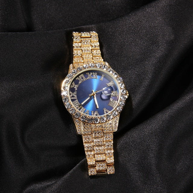 THE BLING KING Big Iced Out Watches For Women Men Purple Pink Dial Fashion Luxury Stainless Steel Quartz Business Wristwatches