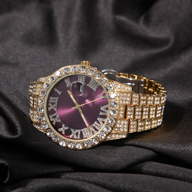 THE BLING KING Big Iced Out Watches For Women Men Purple Pink Dial Fashion Luxury Stainless Steel Quartz Business Wristwatches