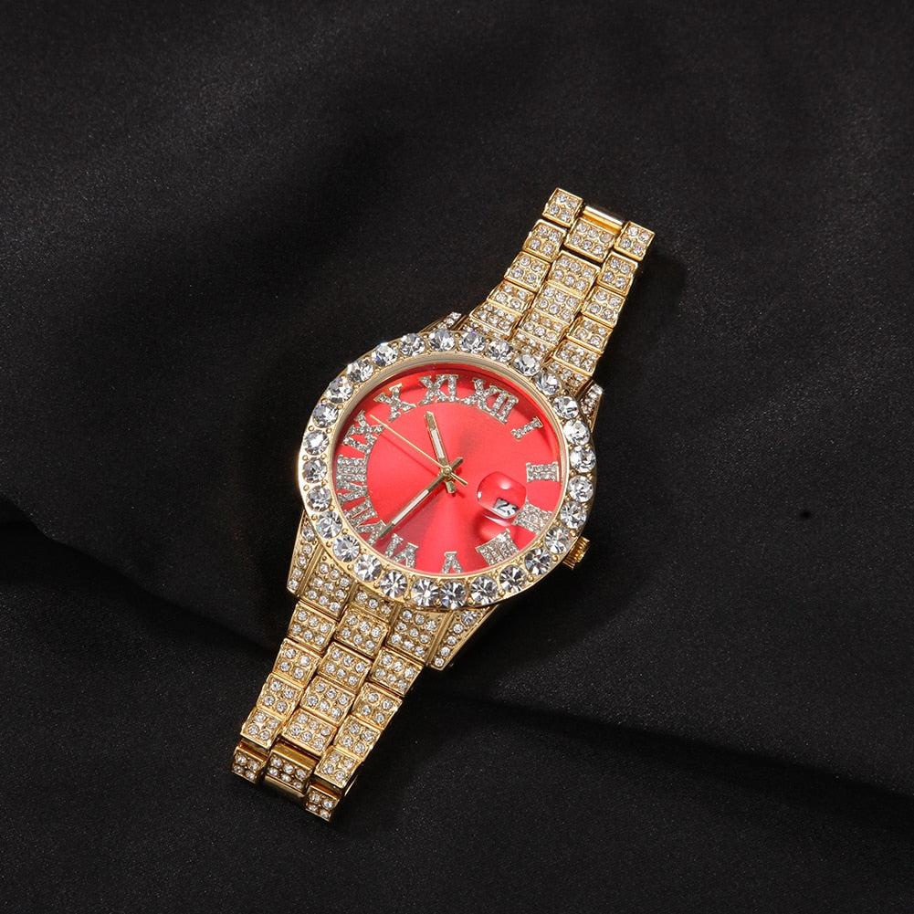 THE BLING KING Big Iced Out Watches For Women Men Purple Pink Dial Fashion Luxury Stainless Steel Quartz Business Wristwatches