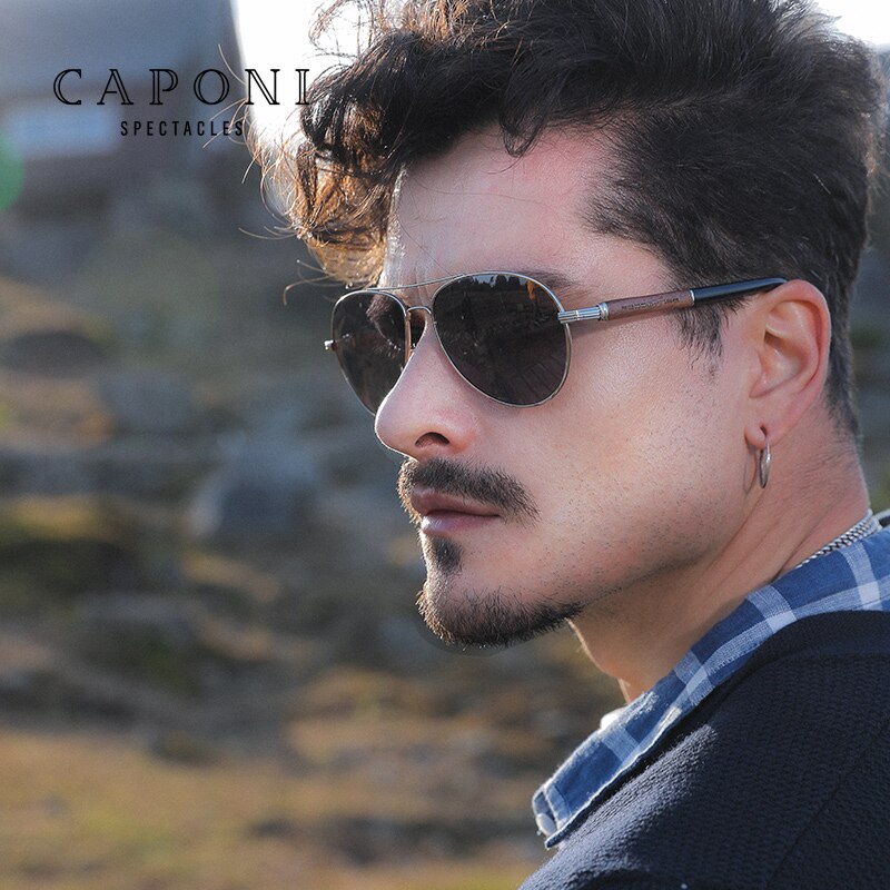 CAPONI Pilot Sunglasses Polarized UV400 High Quality Wooden Frame Sun Glasses For Men Luxury Brand Driving Eyewear Shades CP409