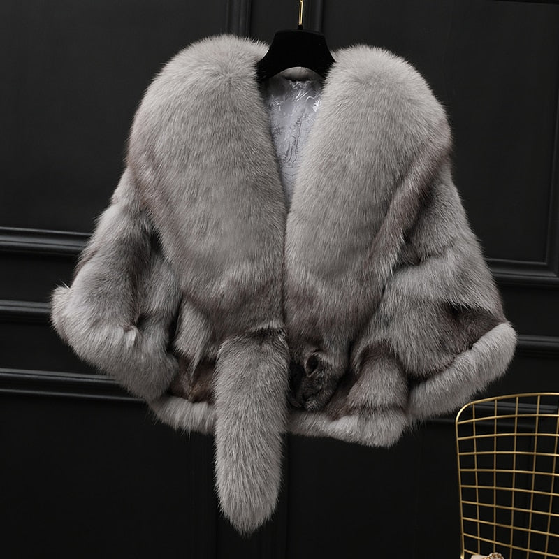 Winter Cloak Warm  Women Cardigan big real Fox Fur Collar Cape Fashion Solid Poncho With medium Fur Sleeves Evening dress shaw