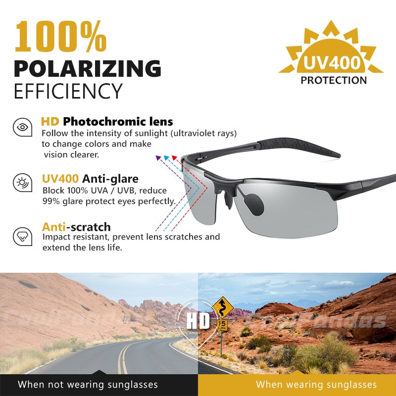 2022 Aluminum Rimless Photochromic Sunglasses Men Polarized Day Night Driving Glasses Chameleon Anti-Glare gafas de sol hombre