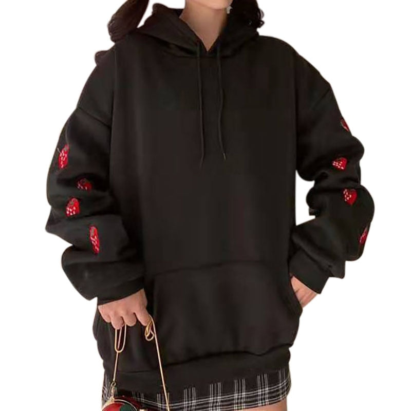 Harajuku Strawberry Embroidery Lavender Pink Sweatshirt Autumn Winter Women Kawaii Loose Long Sleeves Tops Oversized Hoodies XXL