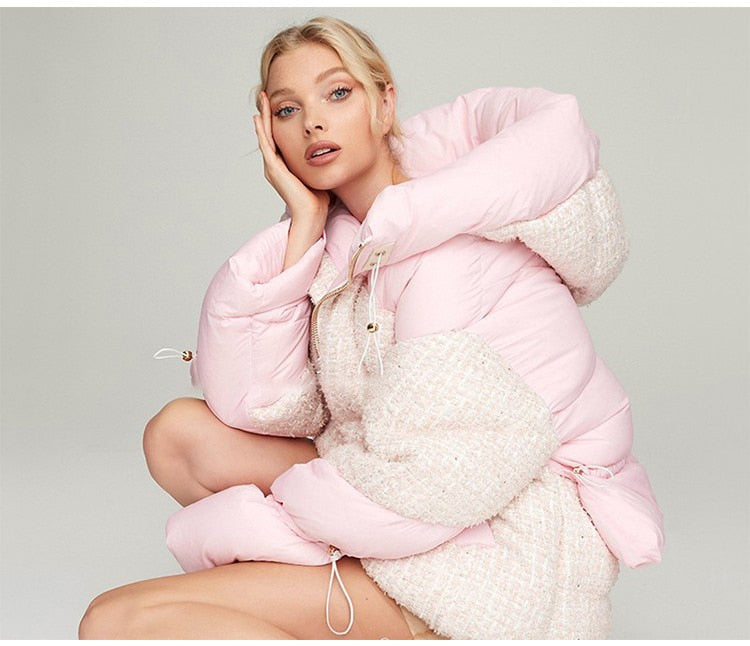 Spot Fit Cold Weather Winter Women's Fluffy Woolen Down Coat Female Oversized Thicker Warm Down Jacket Hooded Down Parkas F2423