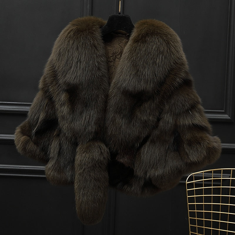Winter Cloak Warm  Women Cardigan big real Fox Fur Collar Cape Fashion Solid Poncho With medium Fur Sleeves Evening dress shaw