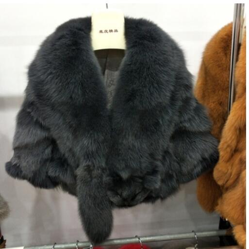 Winter Cloak Warm  Women Cardigan big real Fox Fur Collar Cape Fashion Solid Poncho With medium Fur Sleeves Evening dress shaw