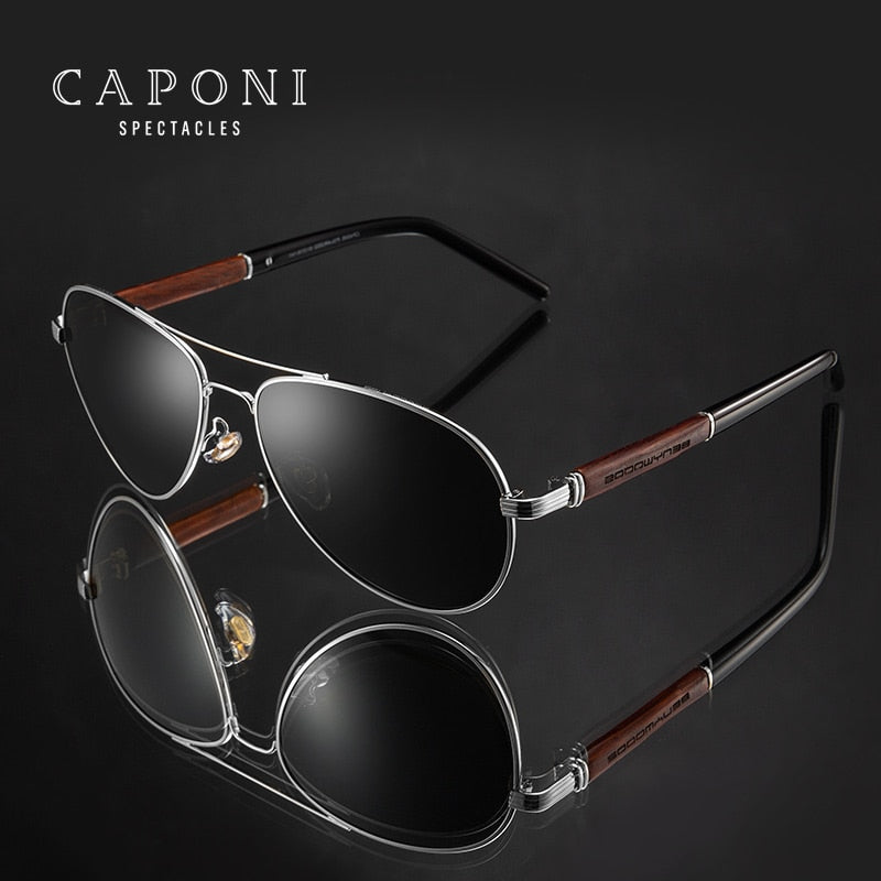 CAPONI Pilot Sunglasses Polarized UV400 High Quality Wooden Frame Sun Glasses For Men Luxury Brand Driving Eyewear Shades CP409