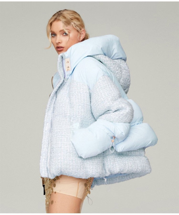 Spot Fit Cold Weather Winter Women's Fluffy Woolen Down Coat Female Oversized Thicker Warm Down Jacket Hooded Down Parkas F2423