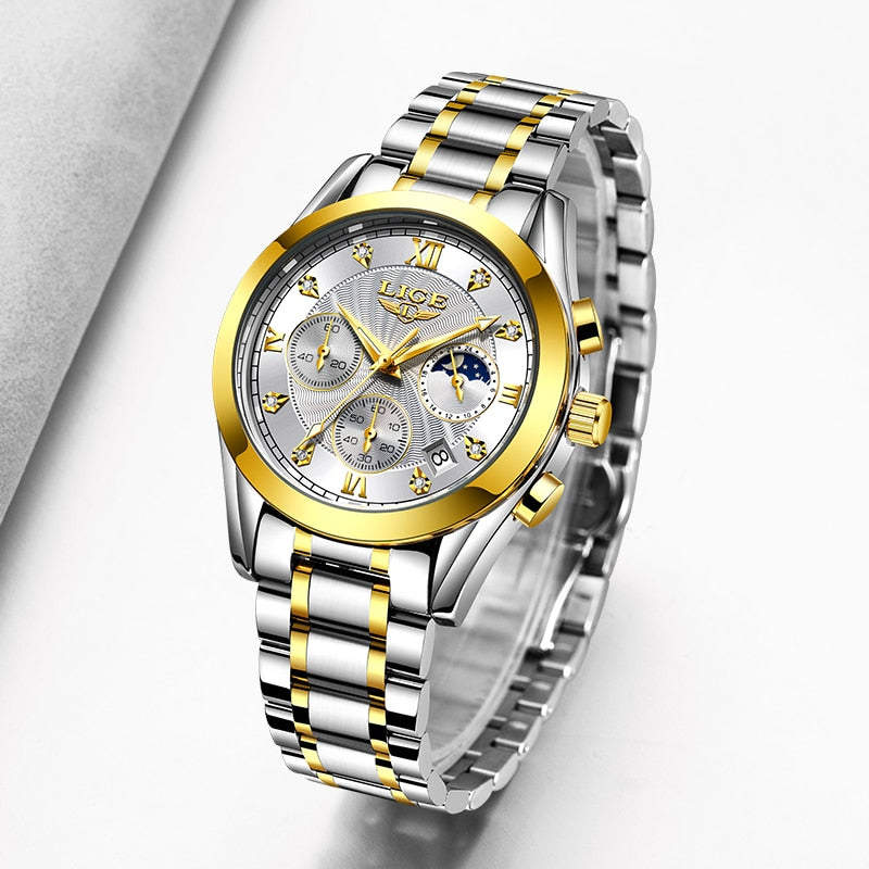 LIGE Fashion Women Watches Ladies Brand Luxury Stainless Steel Calendar Sport Quartz Watch Women Waterproof Watch Montre Femme