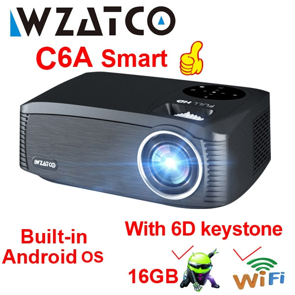 WZATCO New C6 300inch Android 9.0 WIFI Full HD 1920*1080P LED Projector Video Proyector Home Theater Cinema Smart Phone Beamer