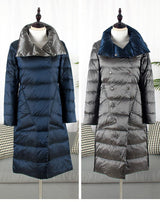 FTLZZ Duck Down Jacket Women Winter Long Double Sided Plaid Coat Female  Warm Down Parka Slim Outwear