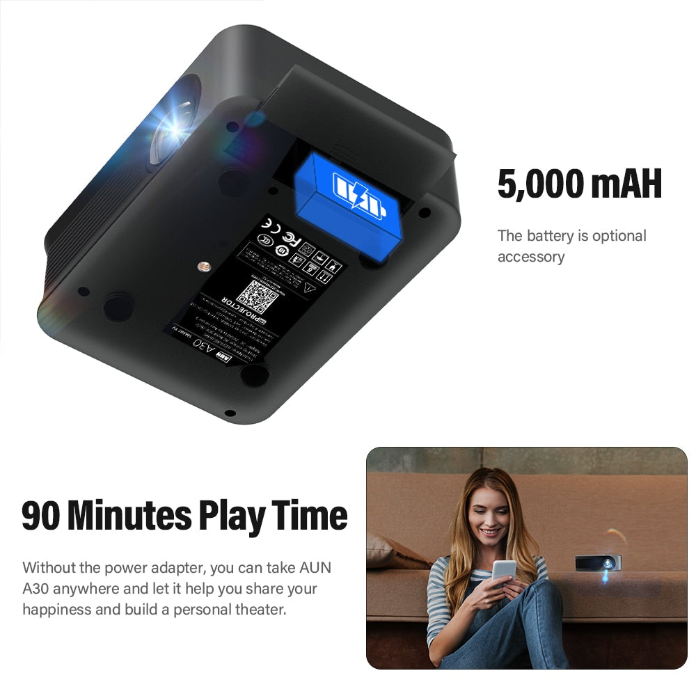 AUN MINI Projector Smart TV WIFI Portable Home Theater Cinema Battery Sync Phone Beamer LED Projectors for 4k Movie A30 Series