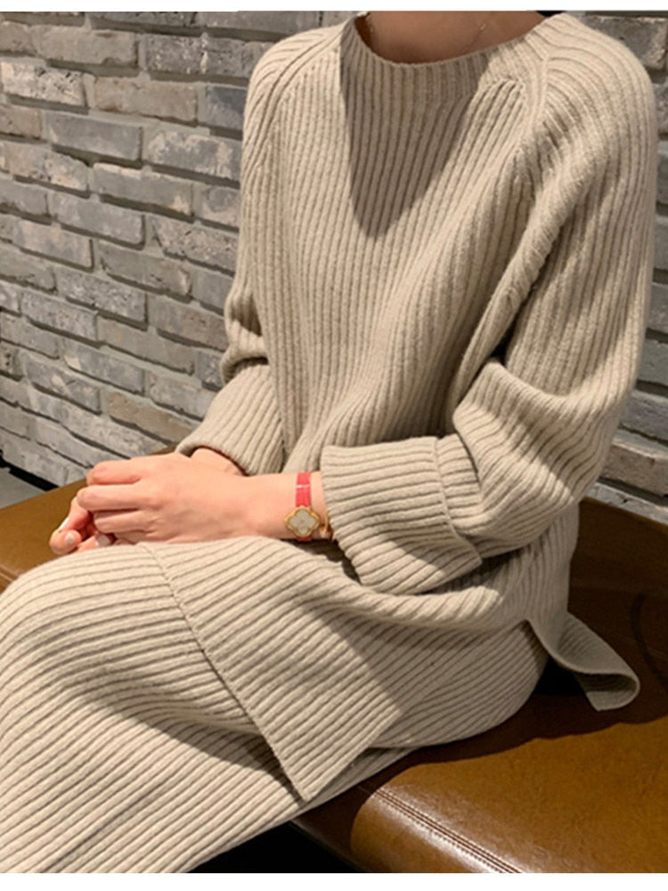 SMTHMA New Fashion Winter Women's Thicken Warm Knitted Pullover Sweater Two-Piece Suits +High Waist Loose Wide Leg Pants Set