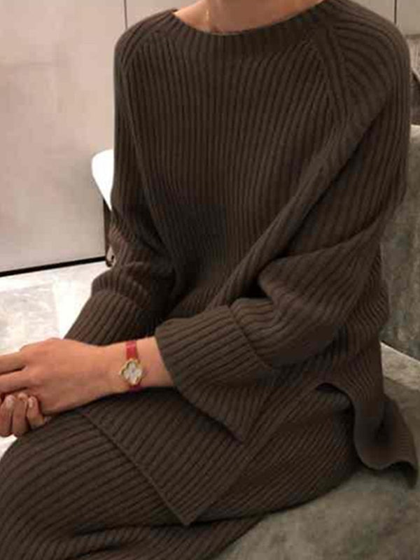 SMTHMA New Fashion Winter Women's Thicken Warm Knitted Pullover Sweater Two-Piece Suits +High Waist Loose Wide Leg Pants Set