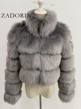 ZADORIN New Fashion Short Winter Faux Fox Fur Coat Women Luxury Stand Fur Collar Thick Warm Furry Jacket Faux Fur Cropped Top