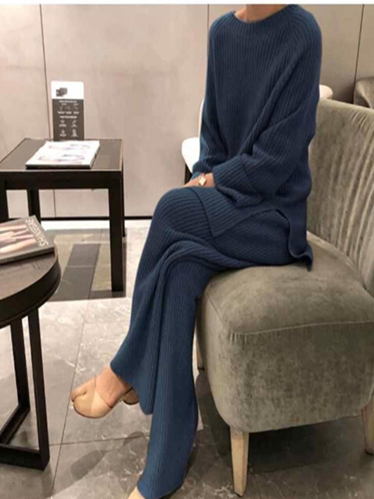 SMTHMA New Fashion Winter Women's Thicken Warm Knitted Pullover Sweater Two-Piece Suits +High Waist Loose Wide Leg Pants Set