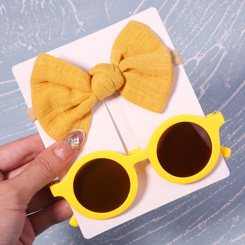 2Pcs/Pack Vintage Kids Summer Bows Headband Round Sunglasses Children Sun Glasses Protection Glasses Baby Hair Accessories