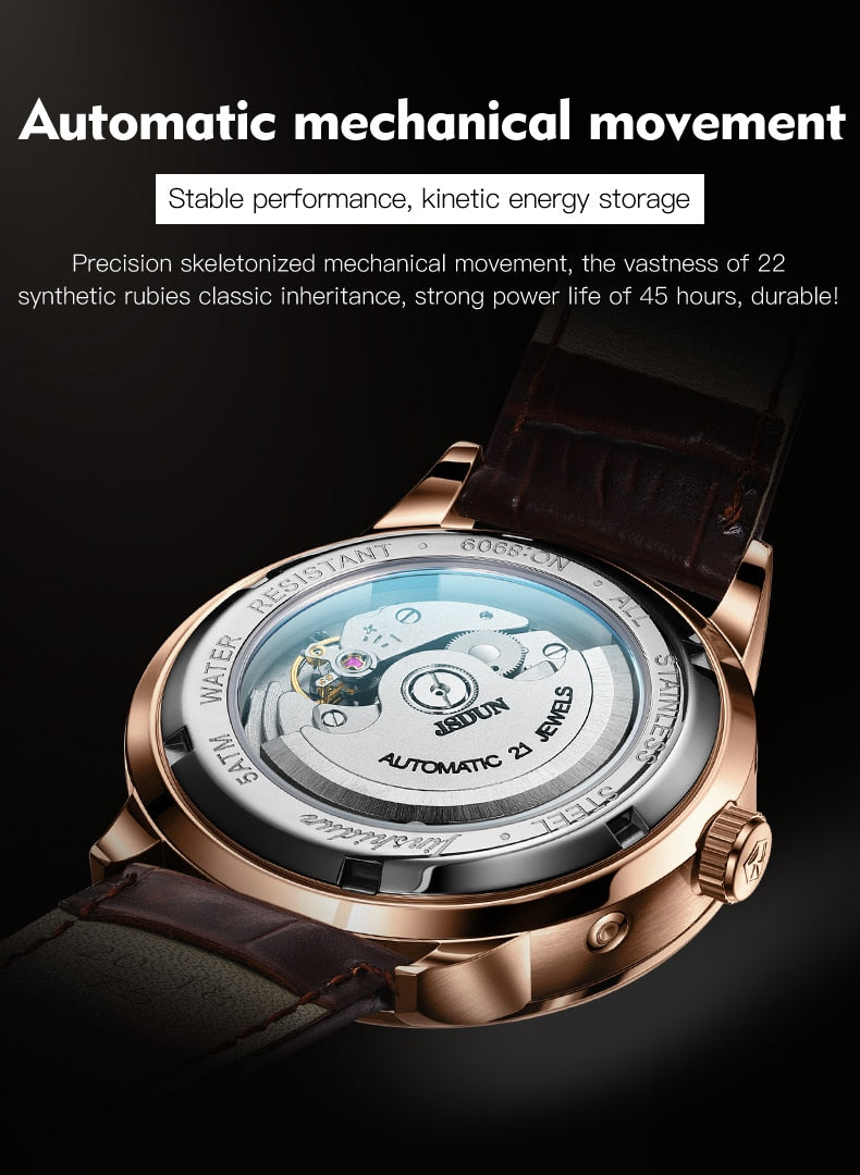 JSDUN Men's Mechanical Watch Luminous Leather Strap Waterproof Man Watch Top Brand Luxury Business Watch For Men Moonswatch 8909