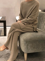 SMTHMA New Fashion Winter Women's Thicken Warm Knitted Pullover Sweater Two-Piece Suits +High Waist Loose Wide Leg Pants Set