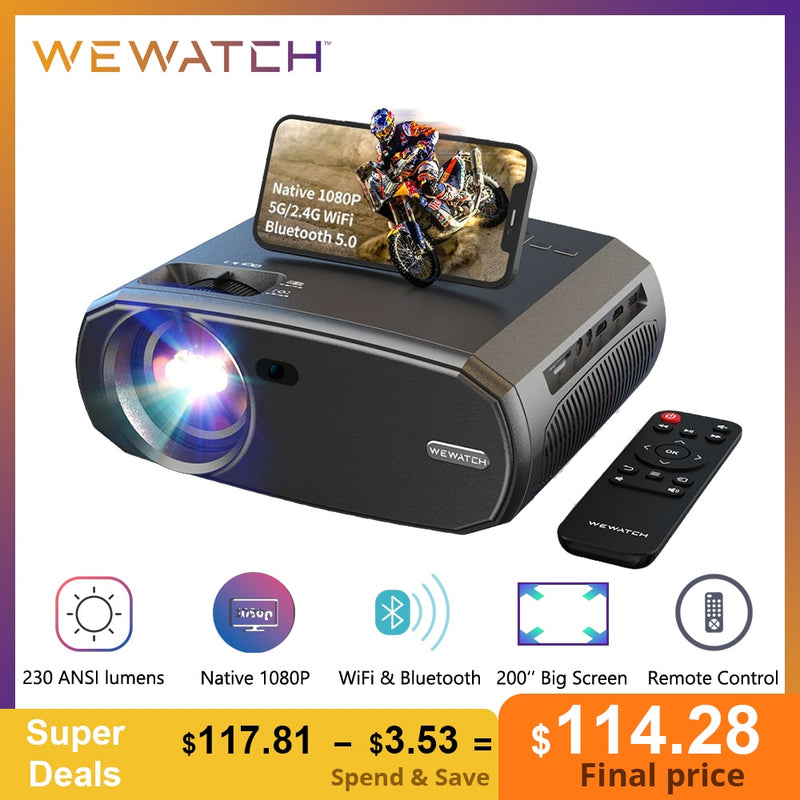 WEWATCH V50 Portable 5G WIFI Projector Mini Smart Real 1080P Full HD Movie Proyector 200&#39;&#39; Large Screen LED Bluetooth Projectors